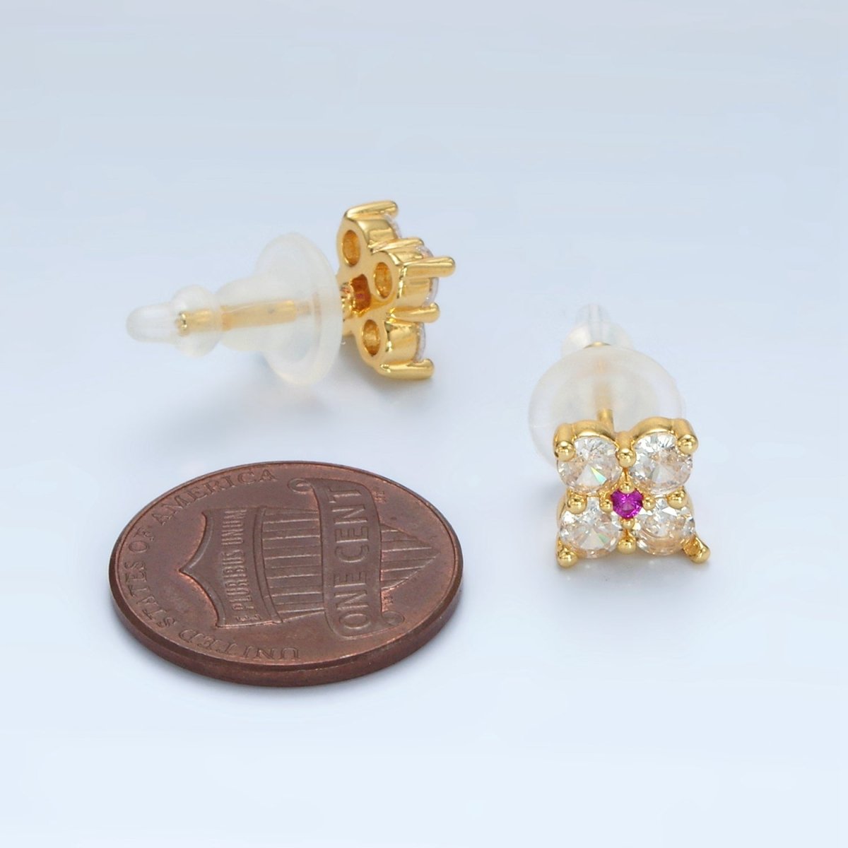 24K Gold Filled 8mm Fuchsia Clear CZ Flower Petal Stud Earrings | T283 - DLUXCA