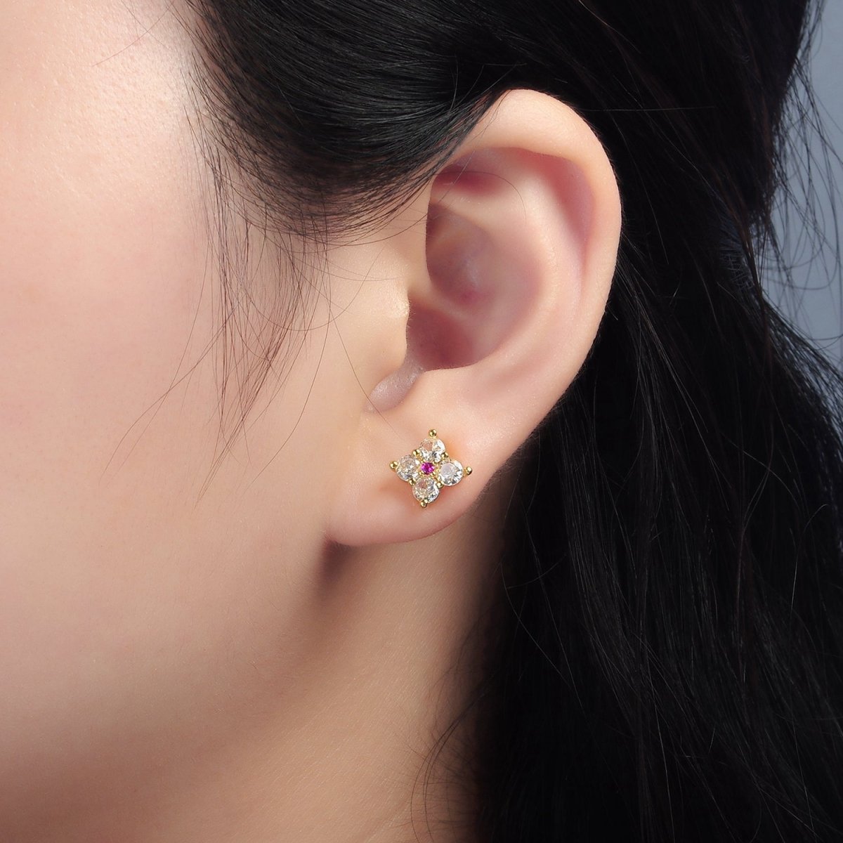 24K Gold Filled 8mm Fuchsia Clear CZ Flower Petal Stud Earrings | T283 - DLUXCA