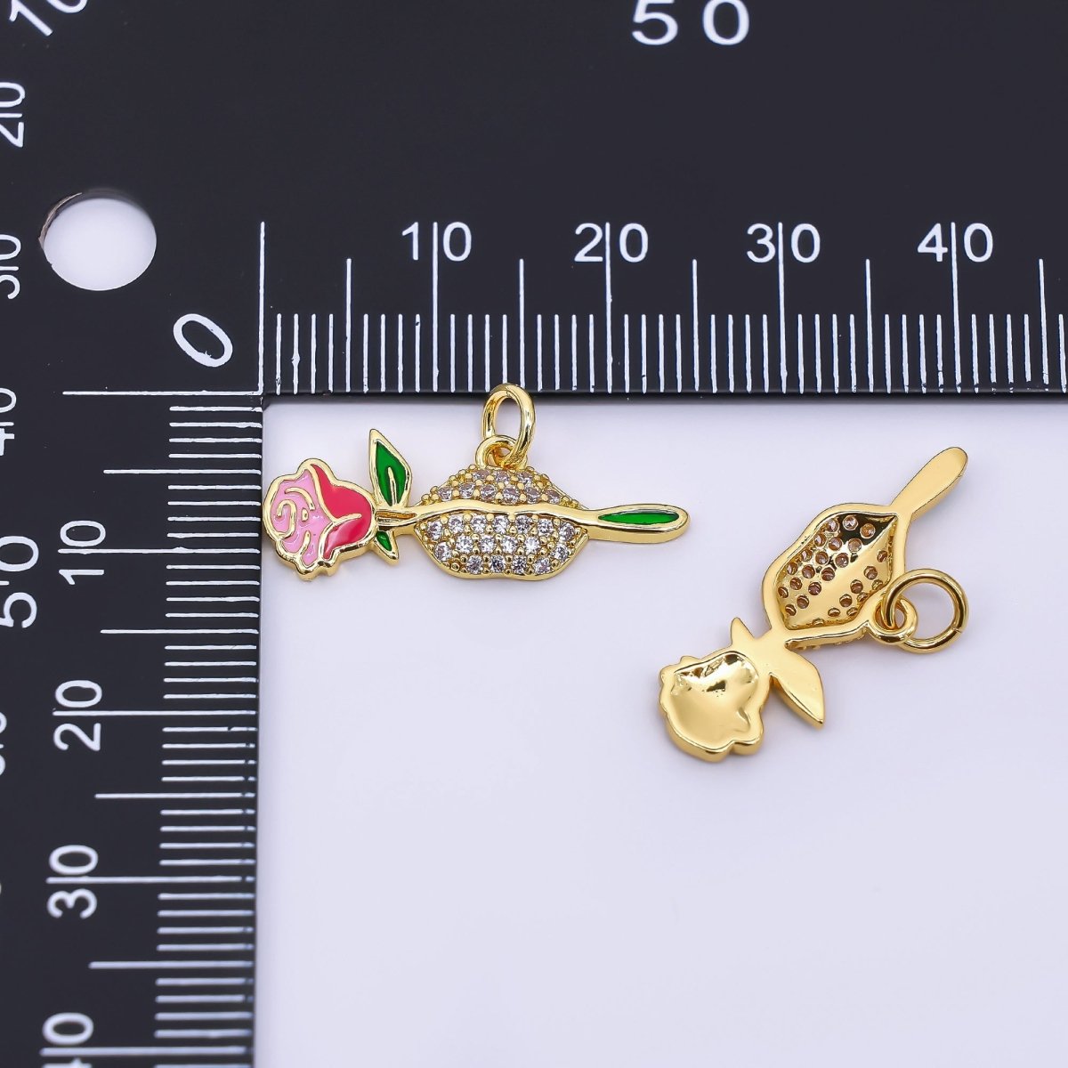 24K Gold Filled 9mm Micro Paved CZ Enamel Art Mouth & Rose Flower Charm | AF - 514 - DLUXCA
