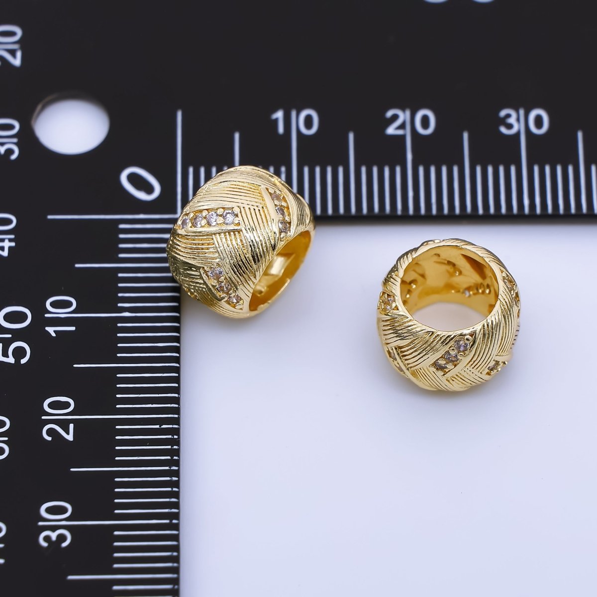 24K Gold Filled 9mm Micro Paved CZ Ribbed Textured Tube Bead Spacer | B479 - DLUXCA