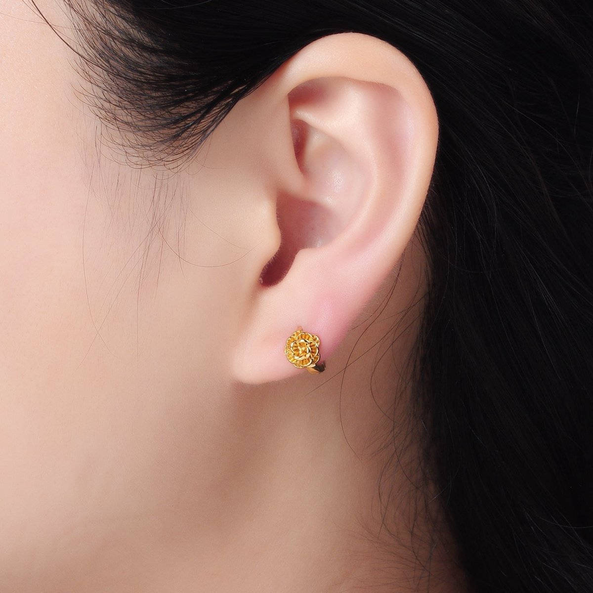 24K Gold Filled 9mm Rose Flower Cartilage Huggie Earrings | T213 - DLUXCA