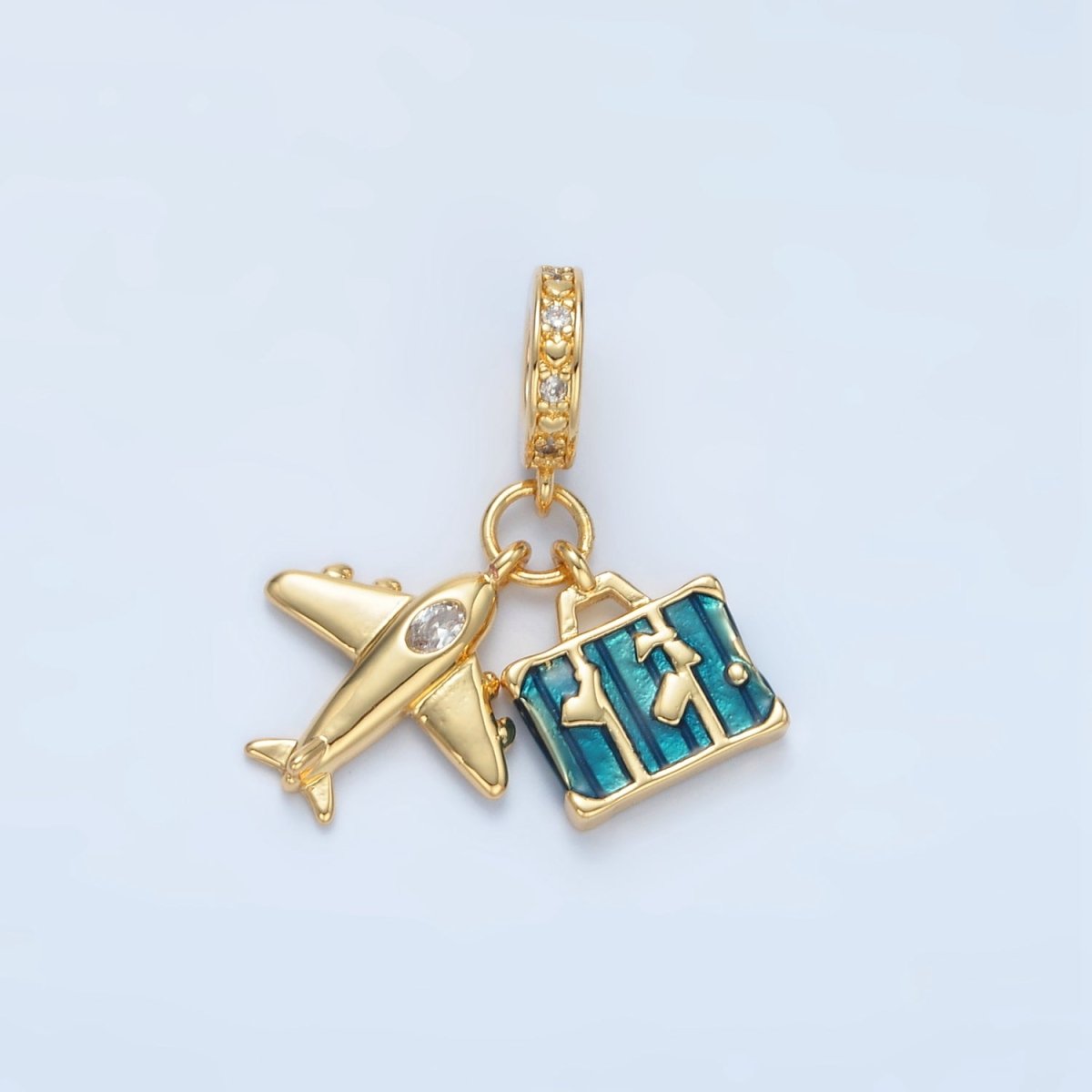 24K Gold Filled Airplane Suitcase Micro Paved CZ Rhondelle Bail Drop Travel Pendant | E362 - DLUXCA