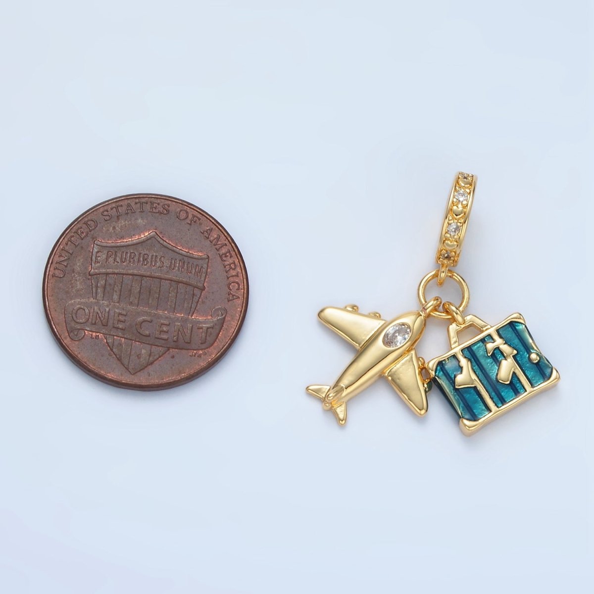 24K Gold Filled Airplane Suitcase Micro Paved CZ Rhondelle Bail Drop Travel Pendant | E362 - DLUXCA