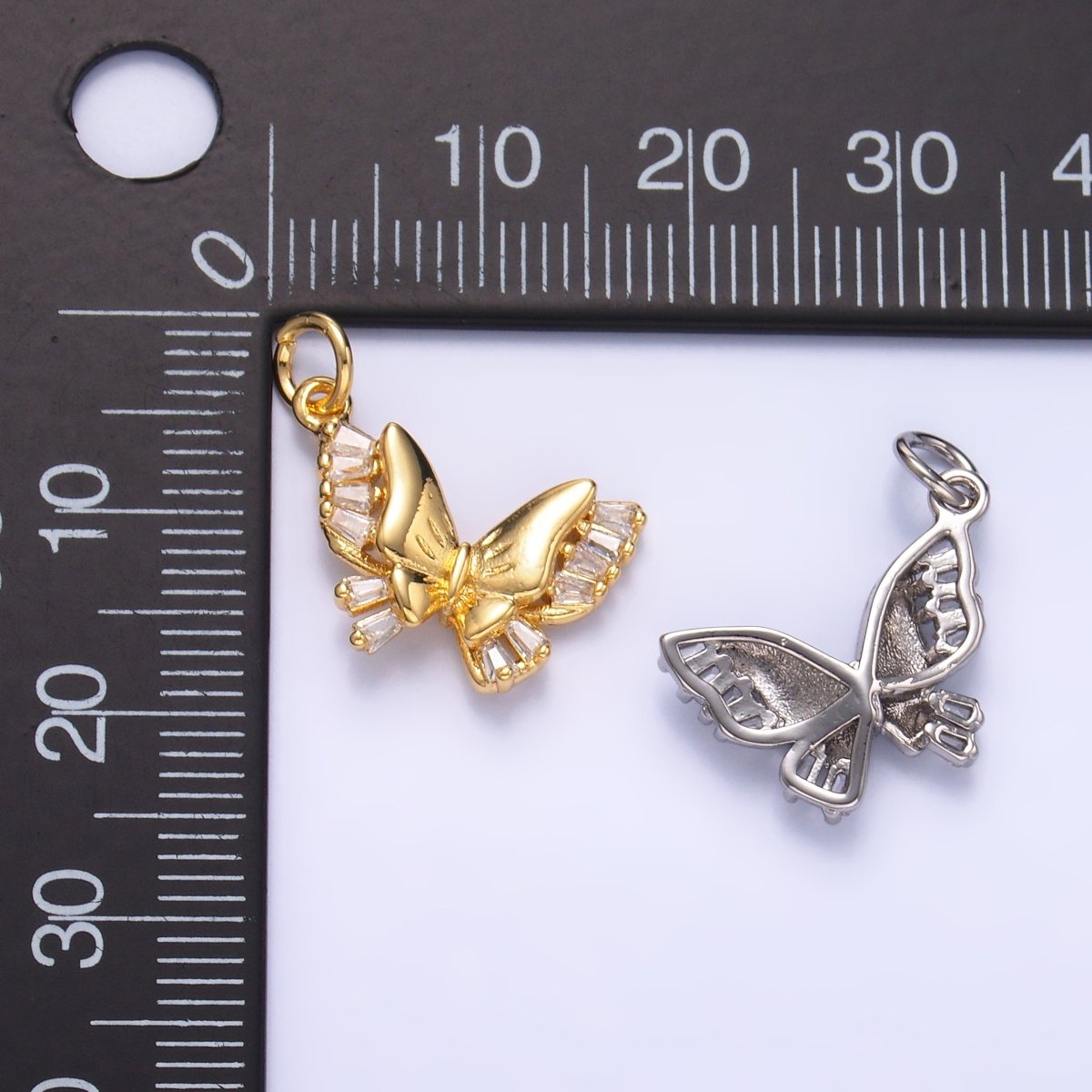 24K Gold Filled Baguette CZ Butterfly Charm in Gold & Silver | C018 - DLUXCA