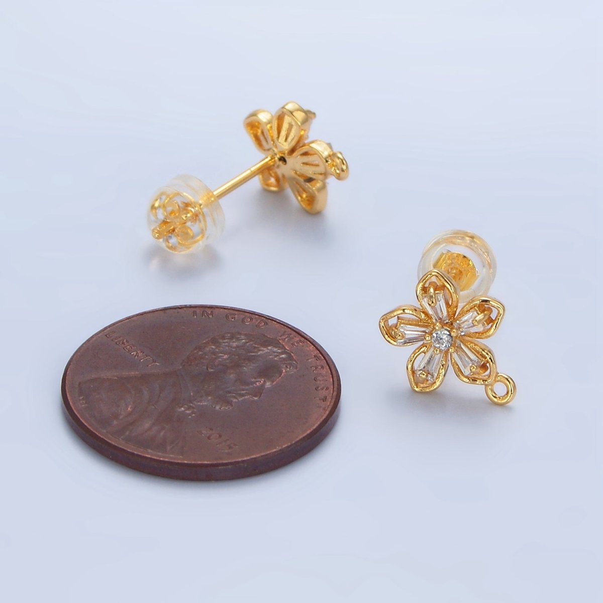 24K Gold Filled Baguette CZ Flower Drop Stud Earring Findings | Z976 - DLUXCA