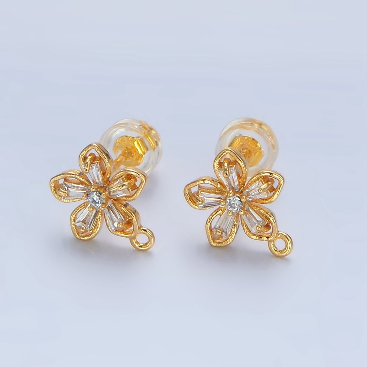 24K Gold Filled Baguette CZ Flower Drop Stud Earring Findings | Z976 - DLUXCA