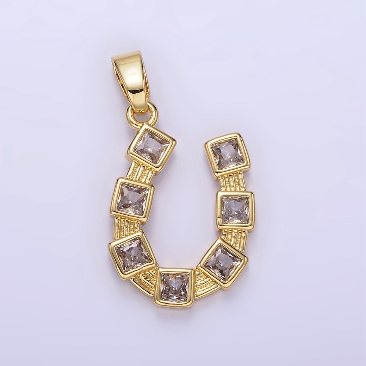 24K Gold Filled Baguette CZ Horseshoe Pendant | AA1349 - DLUXCA