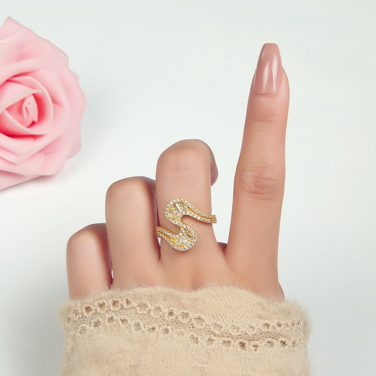 24k Gold Filled Baguette CZ Micro Paved Curved Wavy Ring | O1415 - DLUXCA