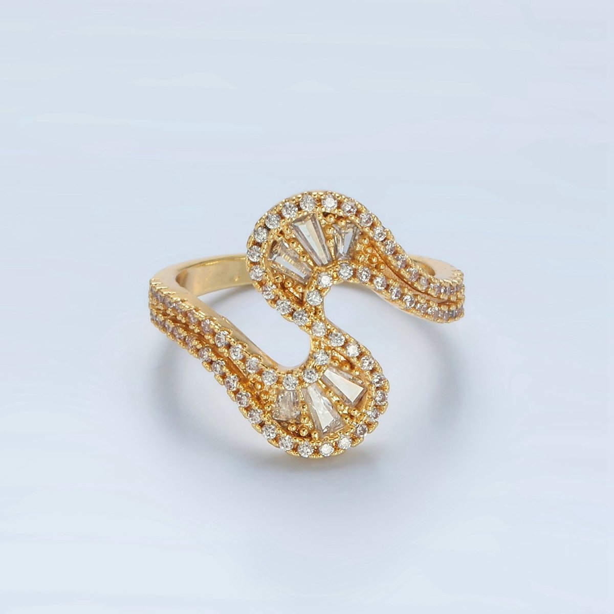 24k Gold Filled Baguette CZ Micro Paved Curved Wavy Ring | O1415 - DLUXCA