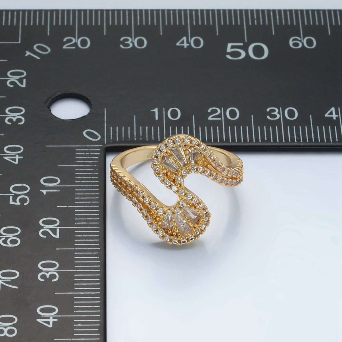 24k Gold Filled Baguette CZ Micro Paved Curved Wavy Ring | O1415 - DLUXCA