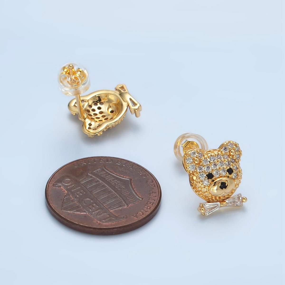 24k Gold Filled Baguette CZ Micro Paved Cute Teddy Bear Stud Earrings | AD - 741 - DLUXCA