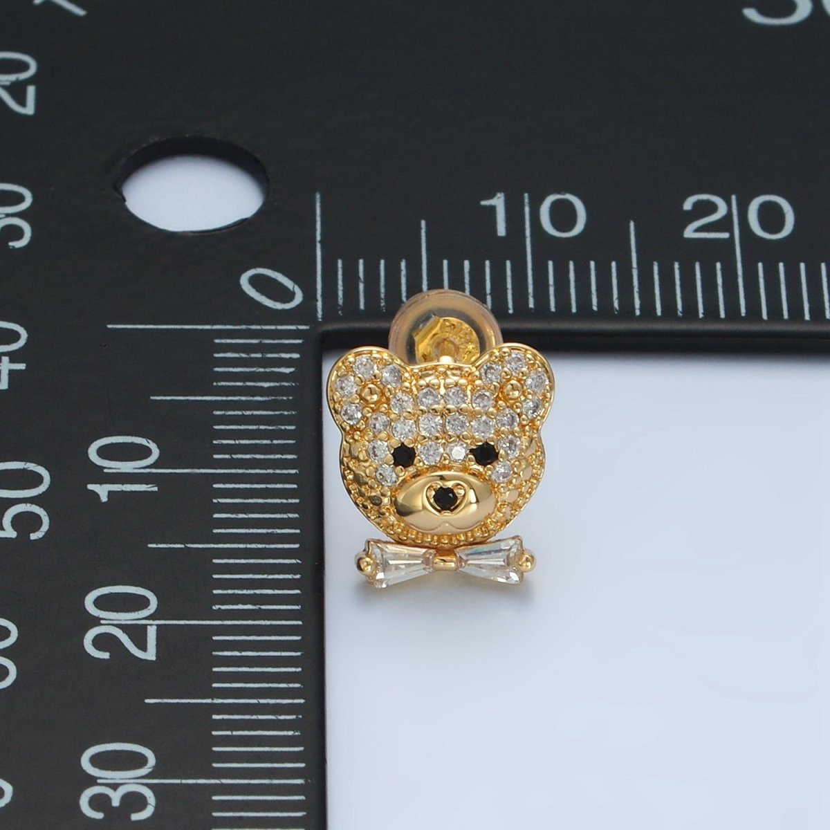 24k Gold Filled Baguette CZ Micro Paved Cute Teddy Bear Stud Earrings | AD - 741 - DLUXCA