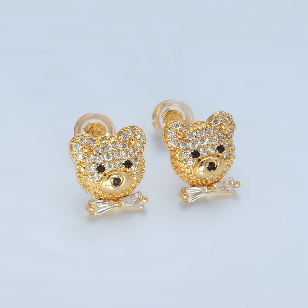 24k Gold Filled Baguette CZ Micro Paved Cute Teddy Bear Stud Earrings | AD - 741 - DLUXCA