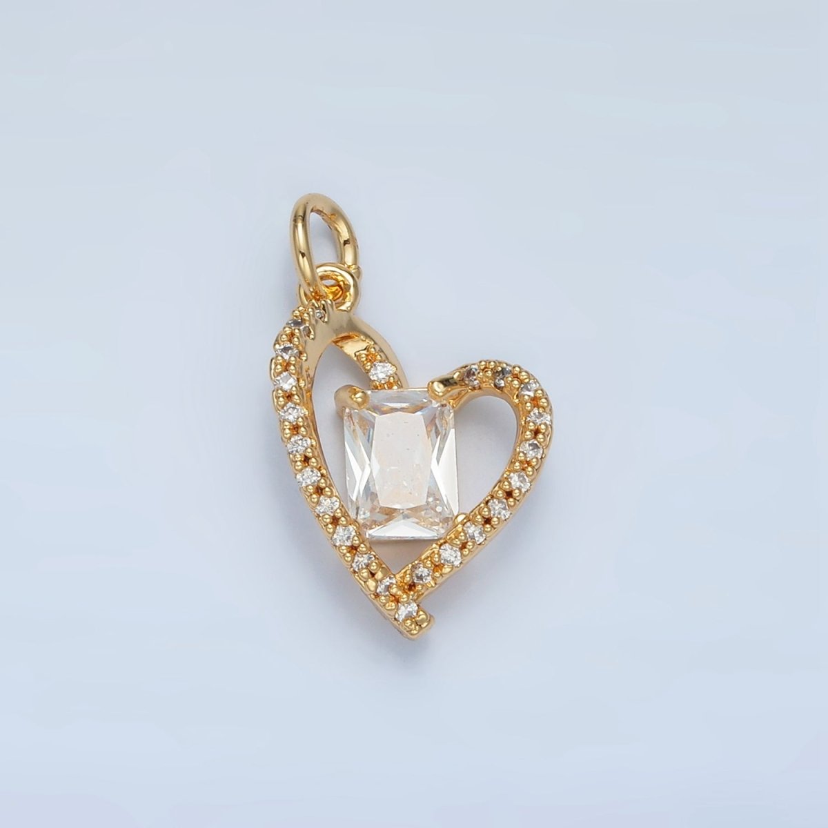 24K Gold Filled Baguette CZ Micro Paved Open Heart Charm | N1477 - DLUXCA