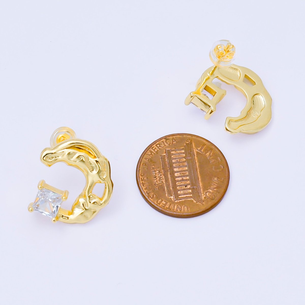 24K Gold Filled Baguette CZ Molten Crescent Moon Stud Earrings | AI445 - DLUXCA