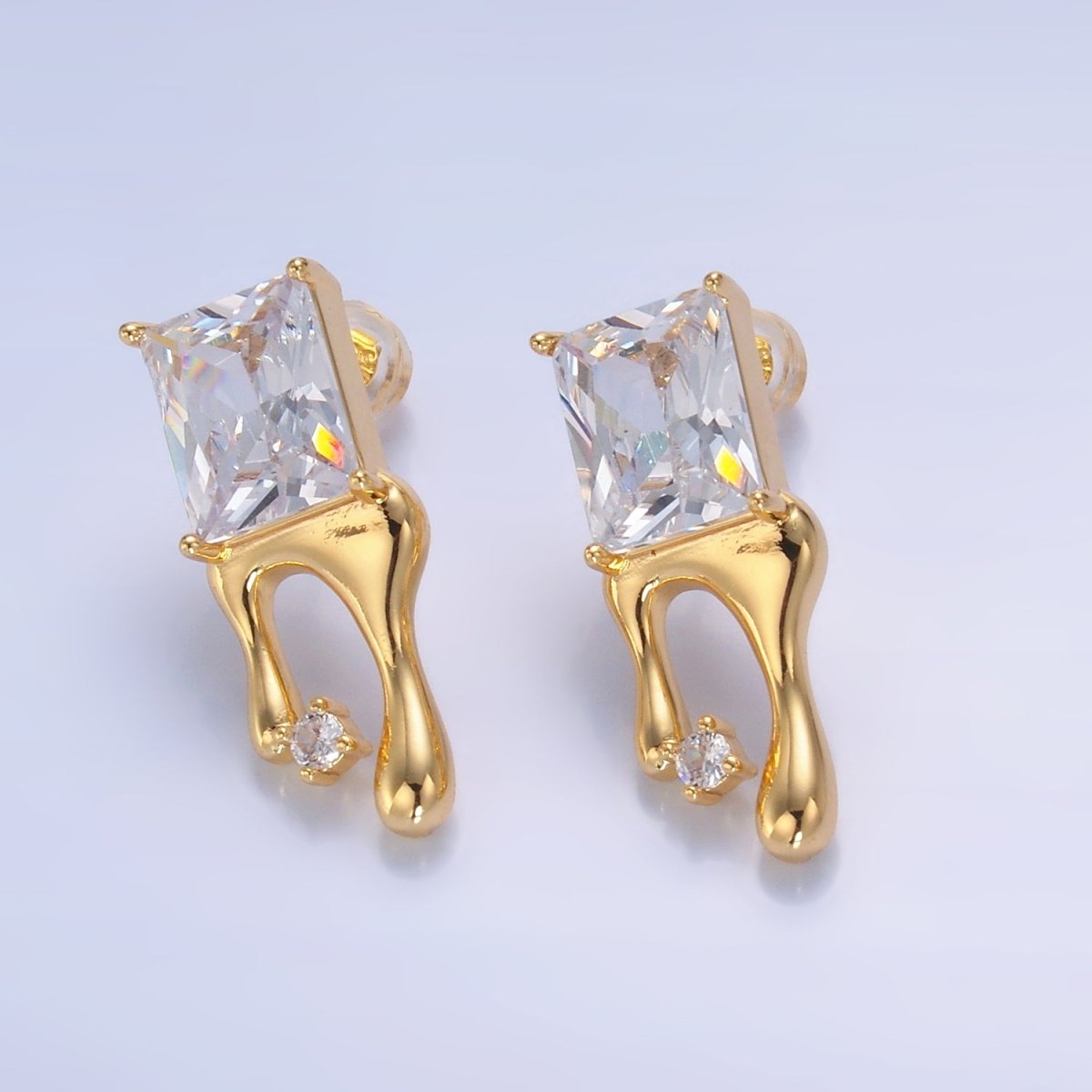 24K Gold Filled Baguette CZ Molten Drip Stud Earrings | AB721 - DLUXCA