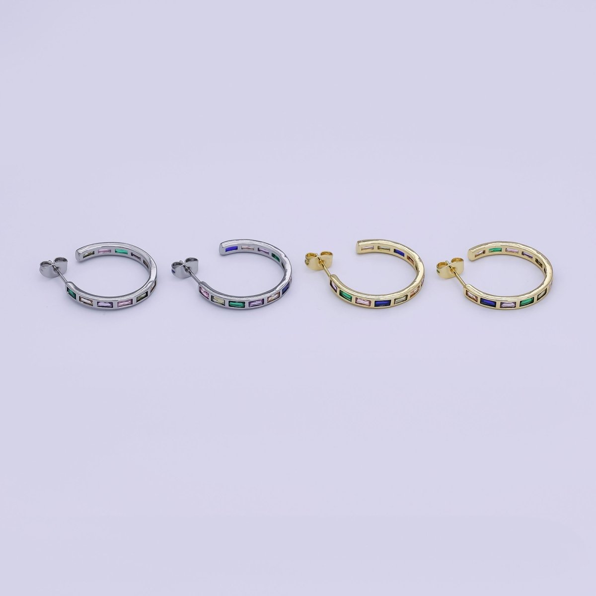 24K Gold Filled Baguette CZ Prismatic Multicolor C - Shaped Stud Earrings in Gold & Silver | AJ026 AJ027 - DLUXCA