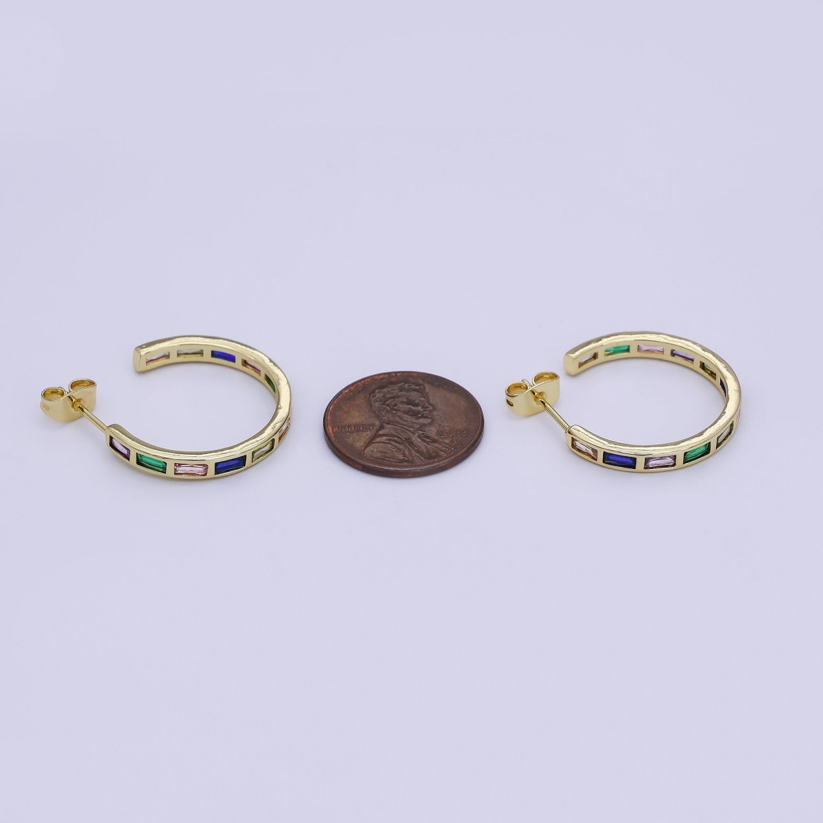 24K Gold Filled Baguette CZ Prismatic Multicolor C - Shaped Stud Earrings in Gold & Silver | AJ026 AJ027 - DLUXCA