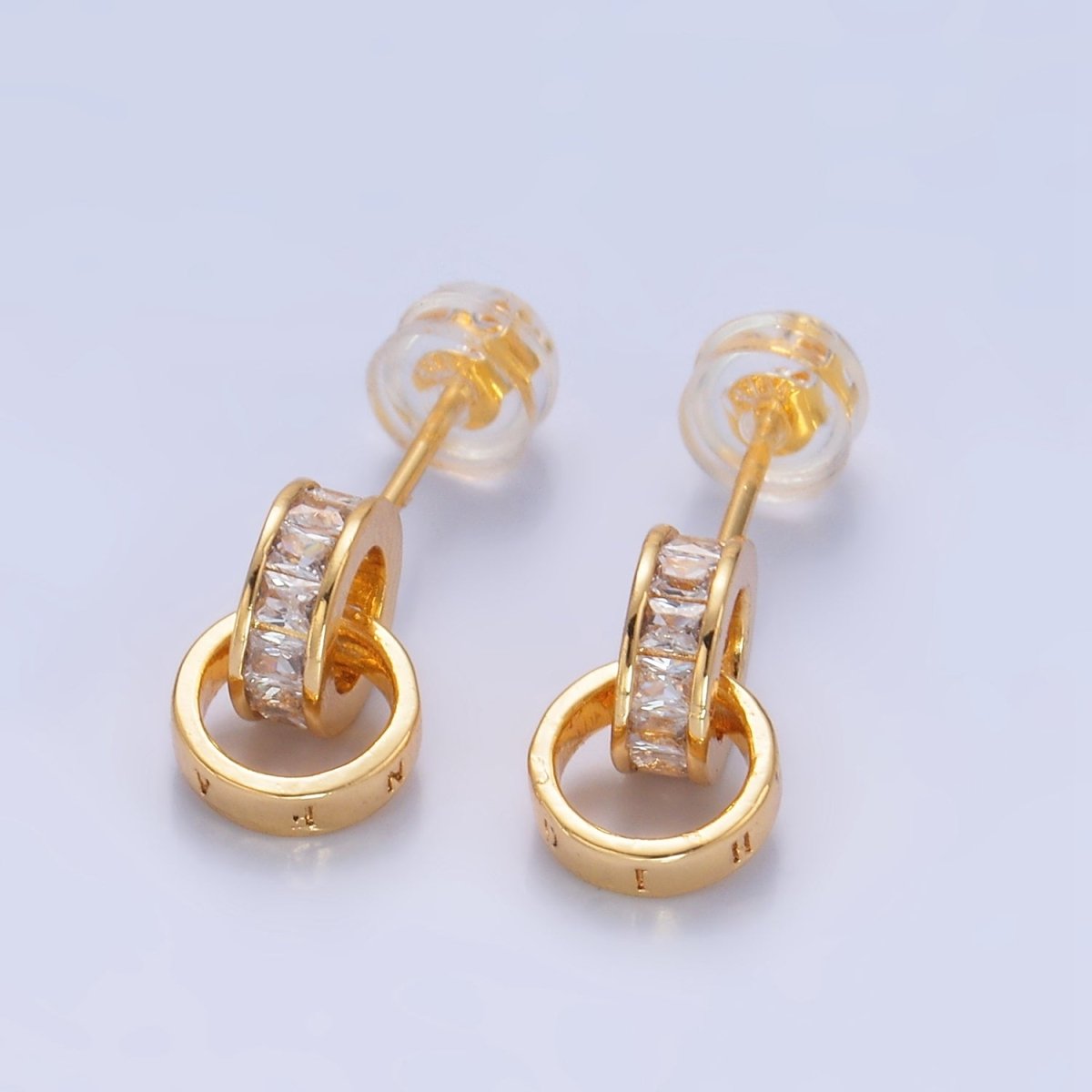 24K Gold Filled Baguette CZ Rhondelle Drop Stud Earrings | V047 - DLUXCA