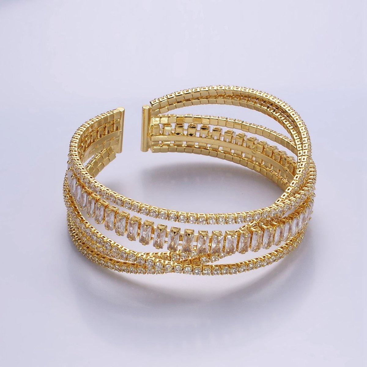 24K Gold Filled Baguette CZ Tennis Chain Multiple Band Cuff Bangle Bracelet | WA - 2533 - DLUXCA