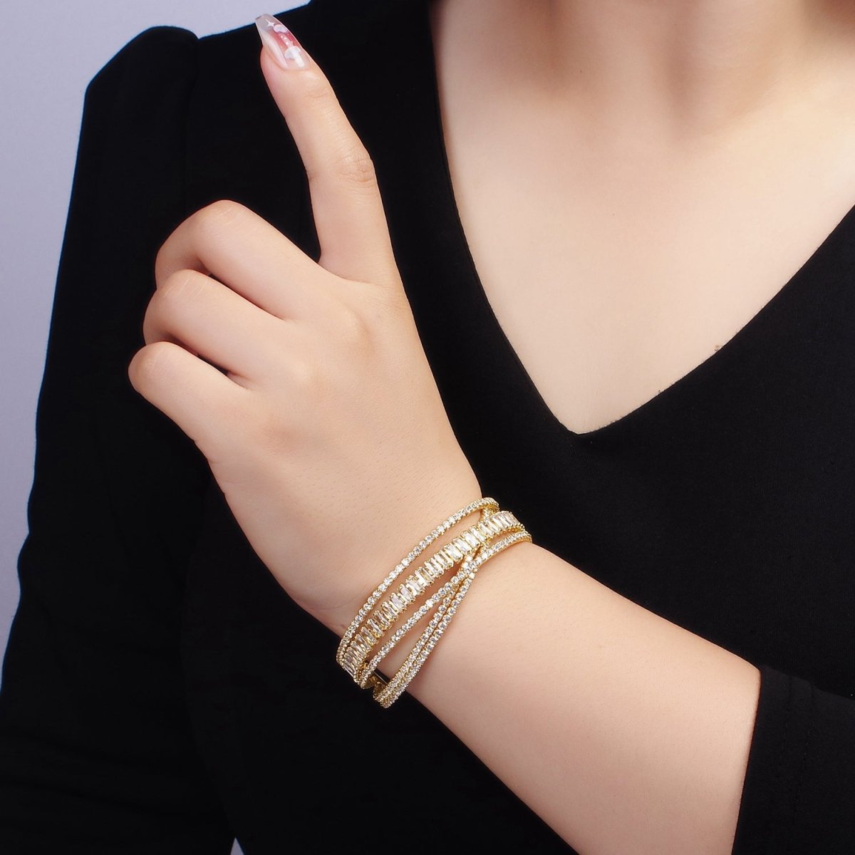 24K Gold Filled Baguette CZ Tennis Chain Multiple Band Cuff Bangle Bracelet | WA - 2533 - DLUXCA