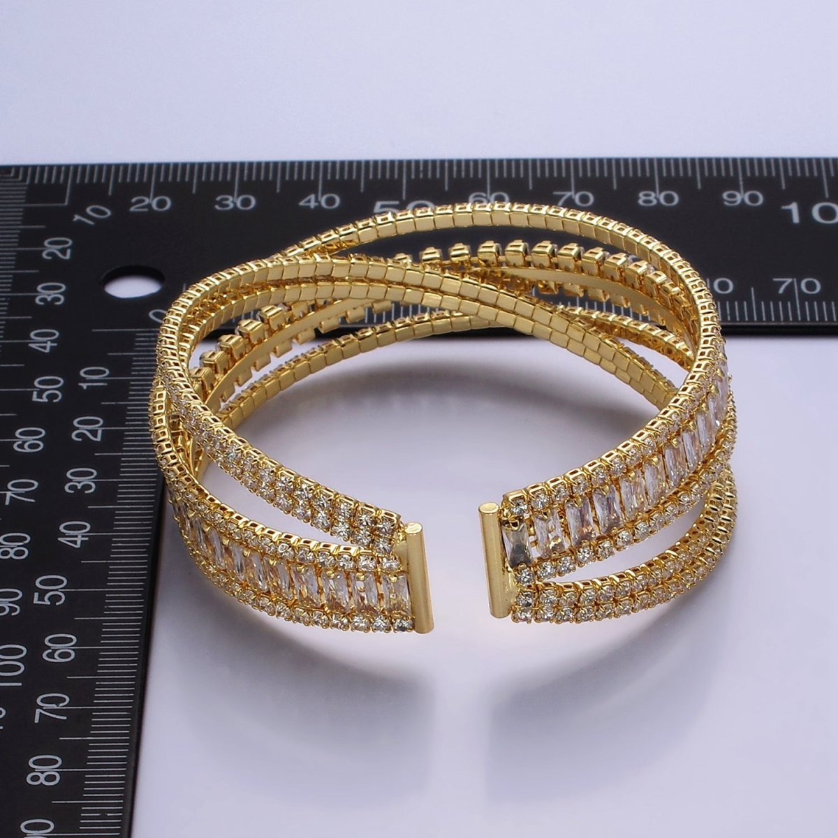 24K Gold Filled Baguette CZ Tennis Chain Multiple Band Cuff Bangle Bracelet | WA - 2533 - DLUXCA