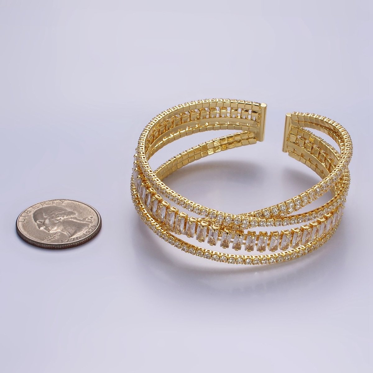 24K Gold Filled Baguette CZ Tennis Chain Multiple Band Cuff Bangle Bracelet | WA - 2533 - DLUXCA