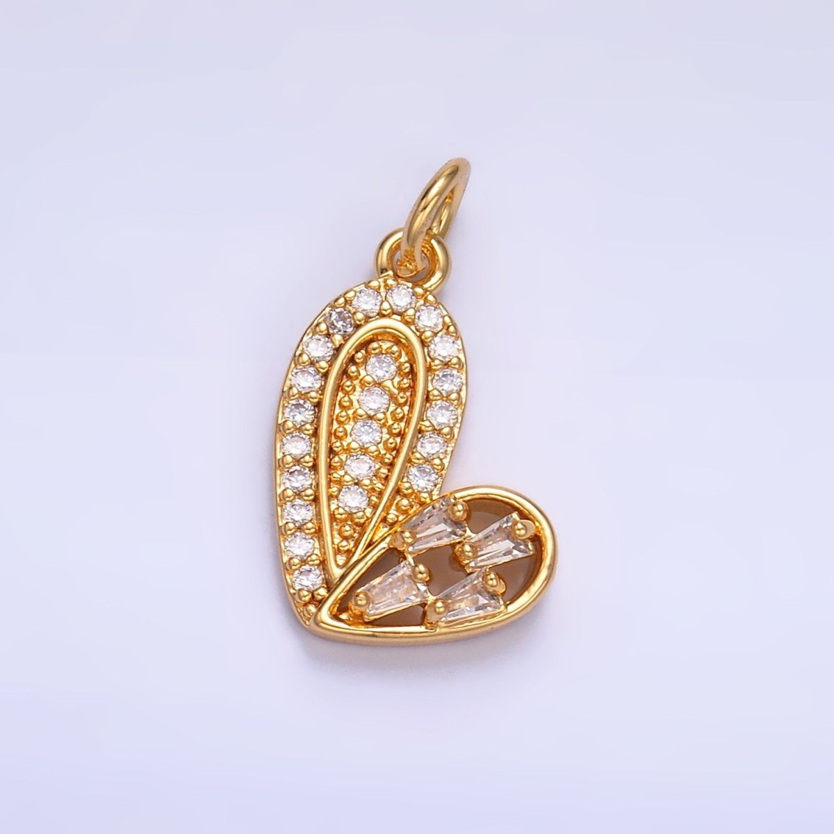 24K Gold Filled Baguette Micro Paved CZ Heart Charm in Gold & Silver | W803 - DLUXCA