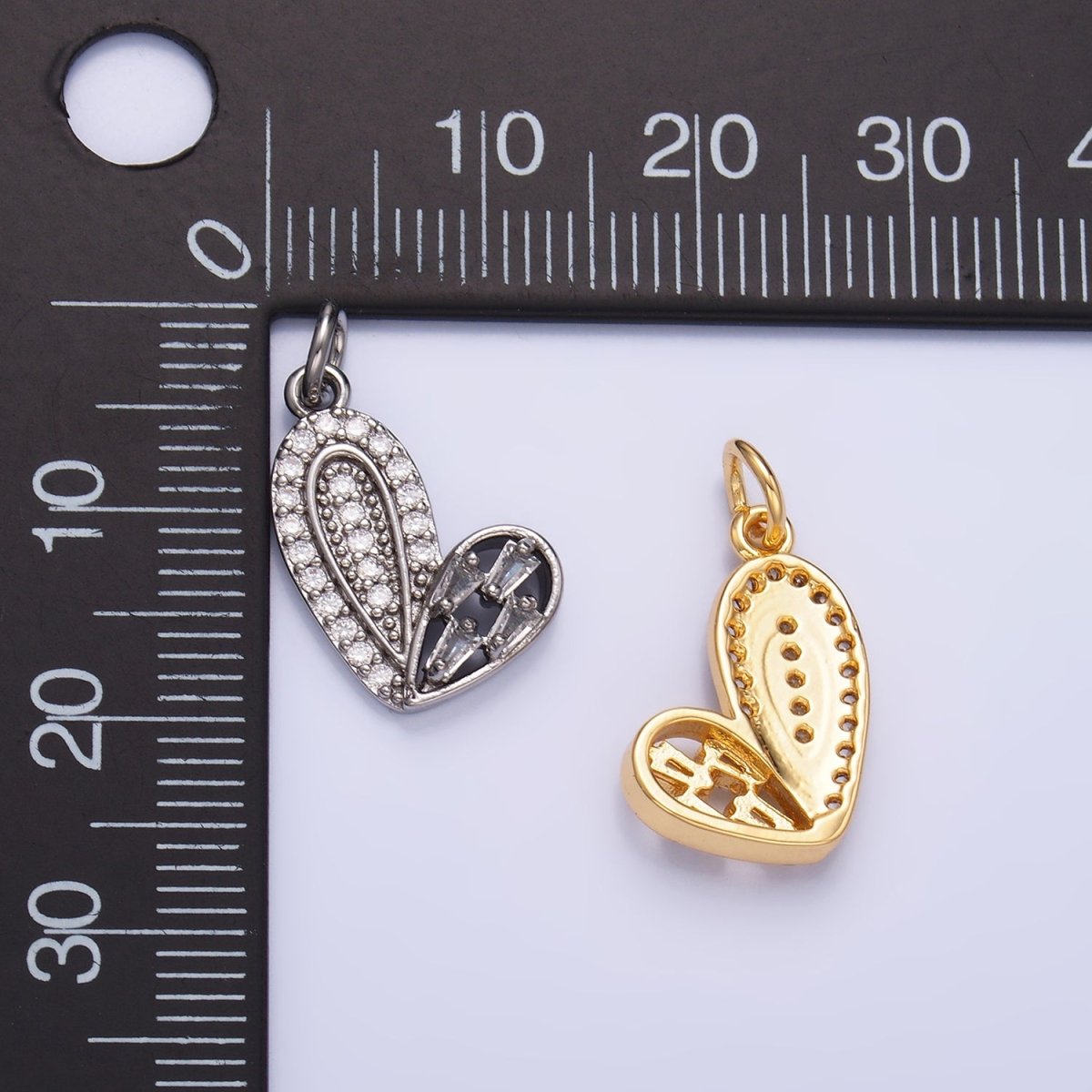 24K Gold Filled Baguette Micro Paved CZ Heart Charm in Gold & Silver | W803 - DLUXCA