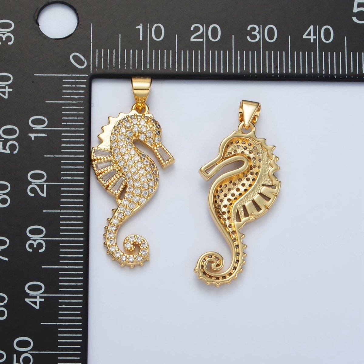 24K Gold Filled Baguette Micro Paved CZ Sea Horse Ocean Animal Pendant | I823 - DLUXCA