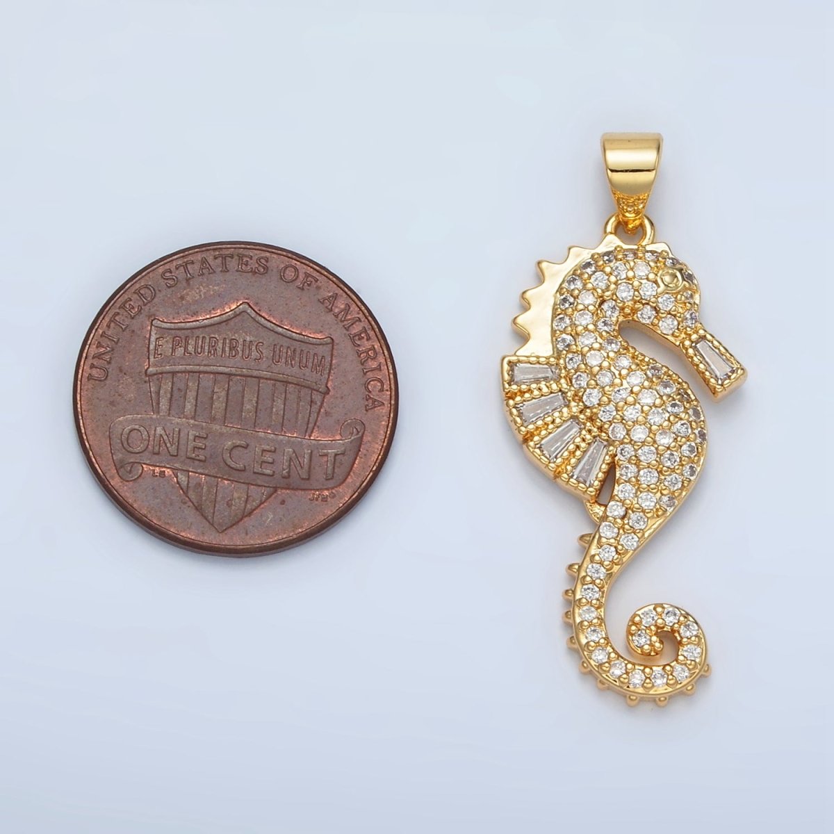 24K Gold Filled Baguette Micro Paved CZ Sea Horse Ocean Animal Pendant | I823 - DLUXCA