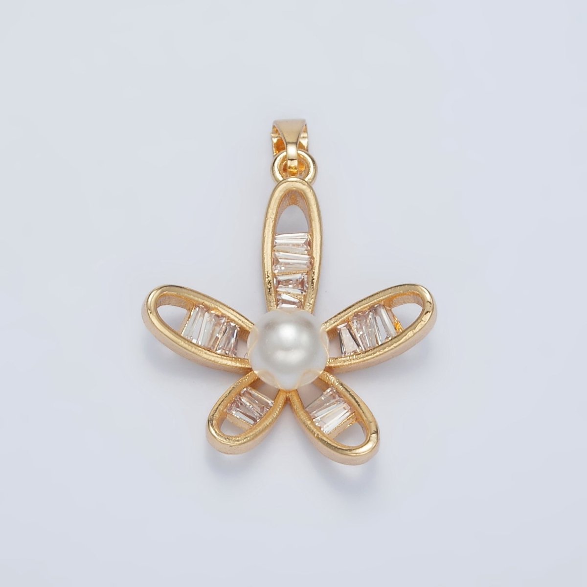 24K Gold Filled Baguette Round Shell Pearl Open Curved Flower Pendant | AA1388 - DLUXCA