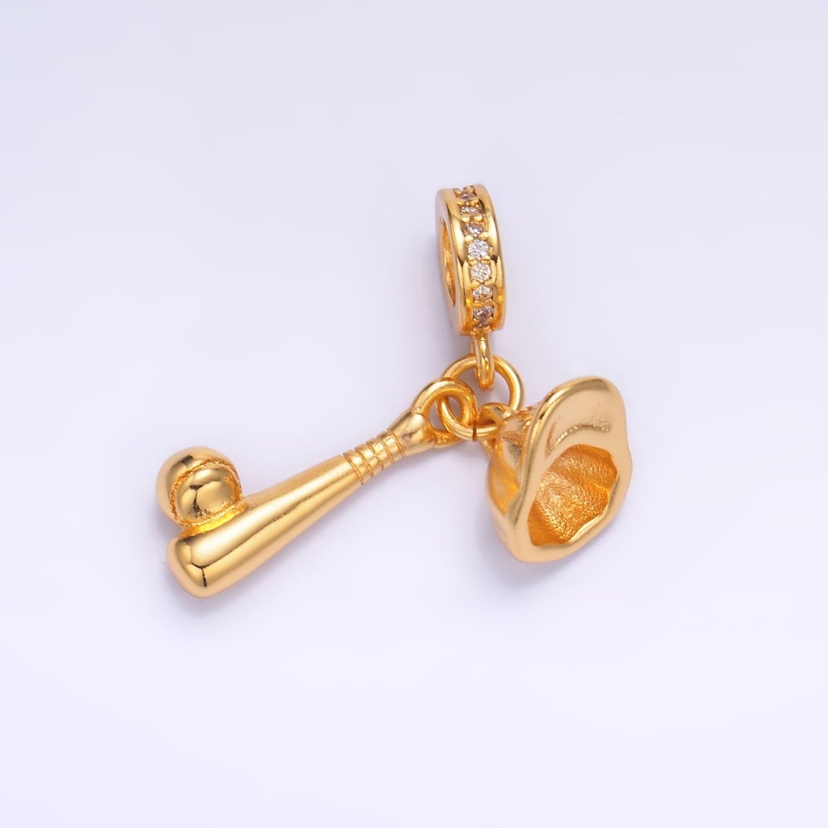 24K Gold Filled Baseball Bat Cap Micro Paved CZ Rhondelle Drop Pendant | W333 - DLUXCA