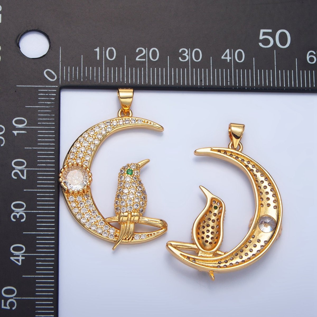 24K Gold Filled Bird Celestial Crescent Moon Micro Paved CZ Pendant | AA786 - DLUXCA