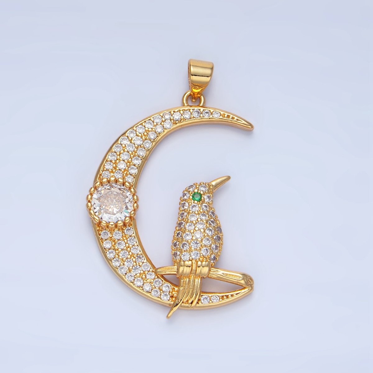 24K Gold Filled Bird Celestial Crescent Moon Micro Paved CZ Pendant | AA786 - DLUXCA