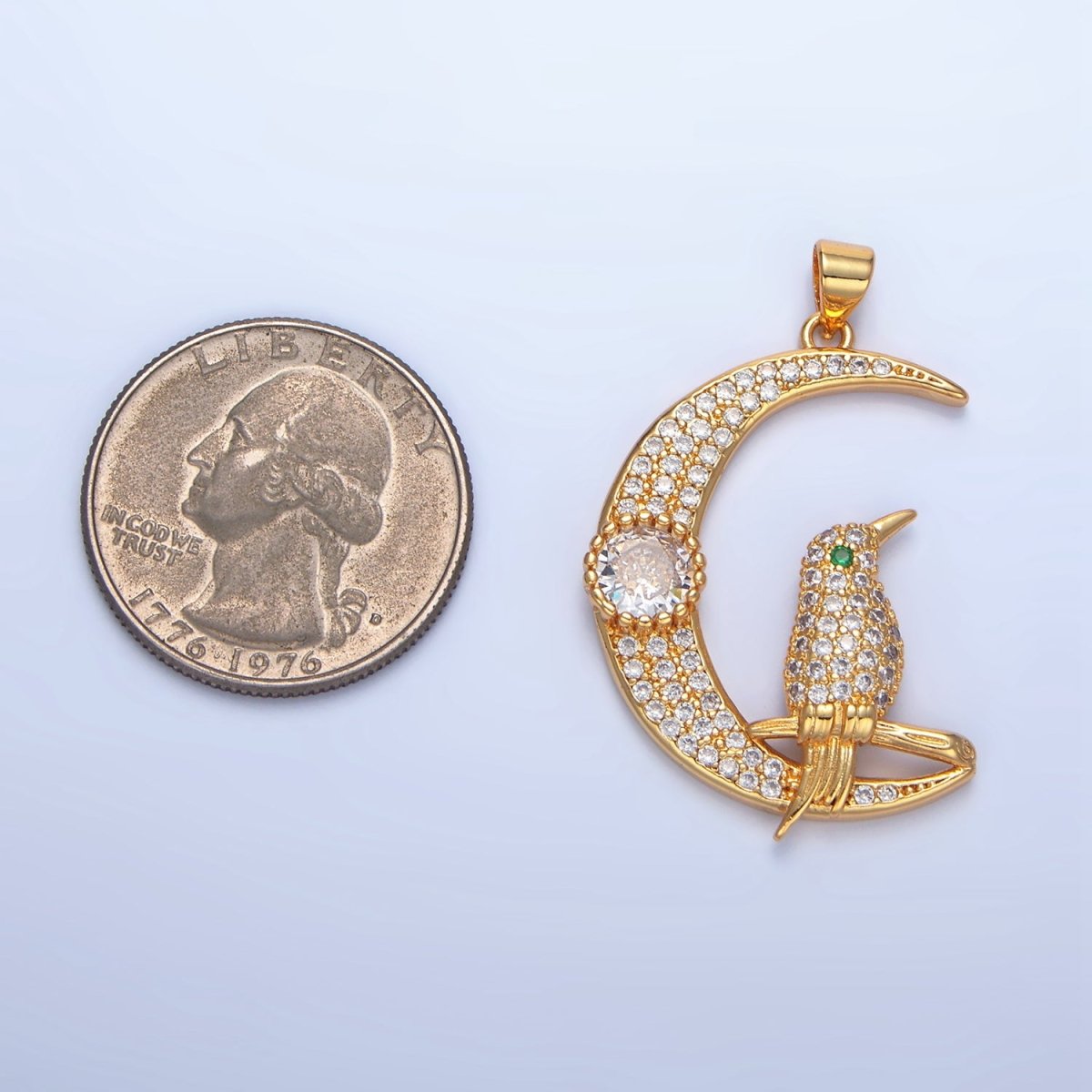 24K Gold Filled Bird Celestial Crescent Moon Micro Paved CZ Pendant | AA786 - DLUXCA