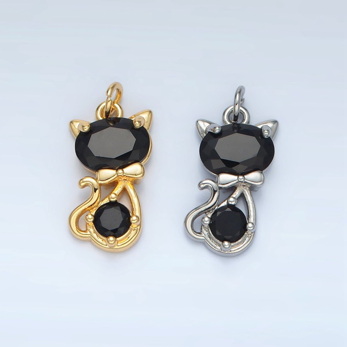 24k Gold Filled Black CZ Bow - Tied Kitty Cat Animal Charm in Gold & Silver | X - 309 - DLUXCA