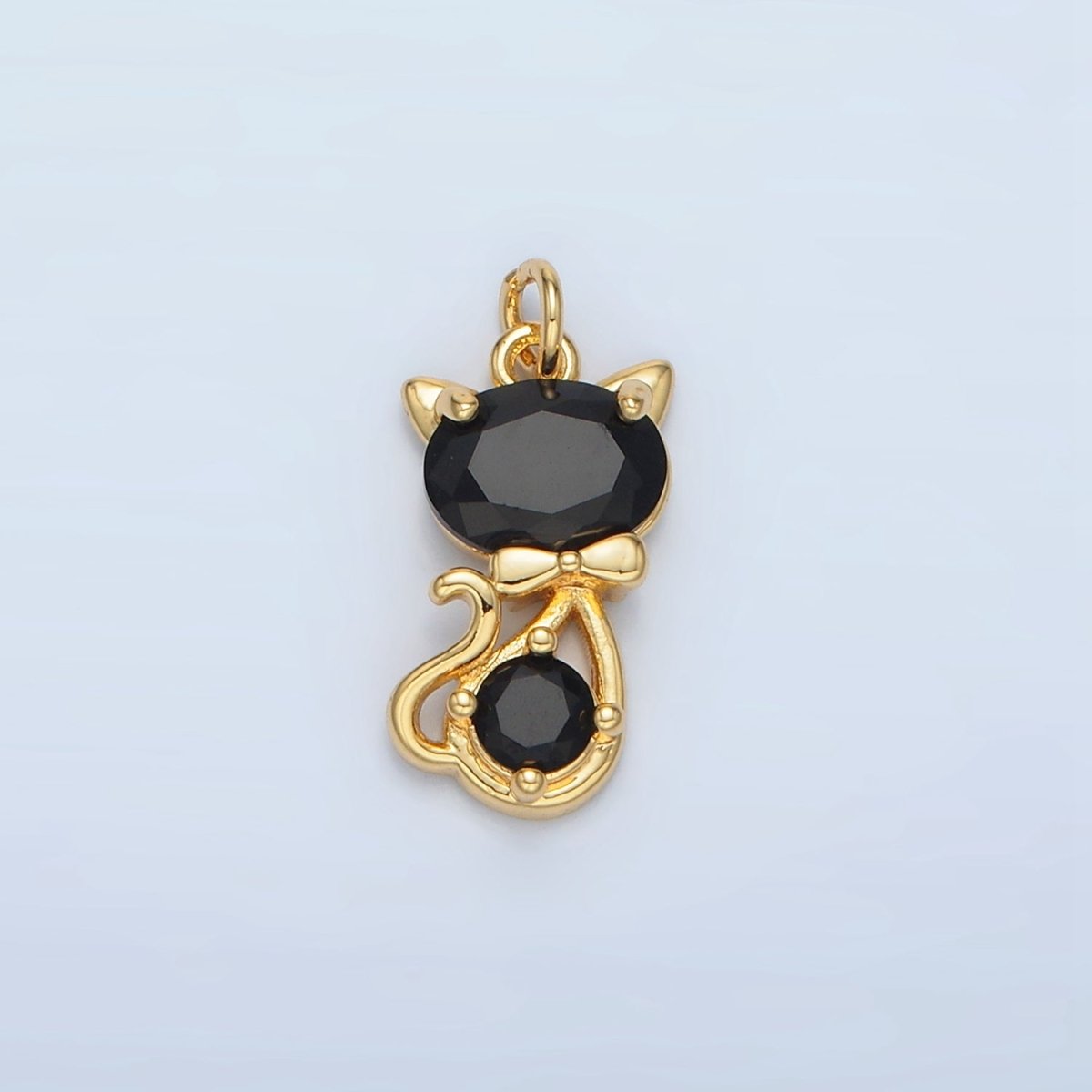 24k Gold Filled Black CZ Bow - Tied Kitty Cat Animal Charm in Gold & Silver | X - 309 - DLUXCA