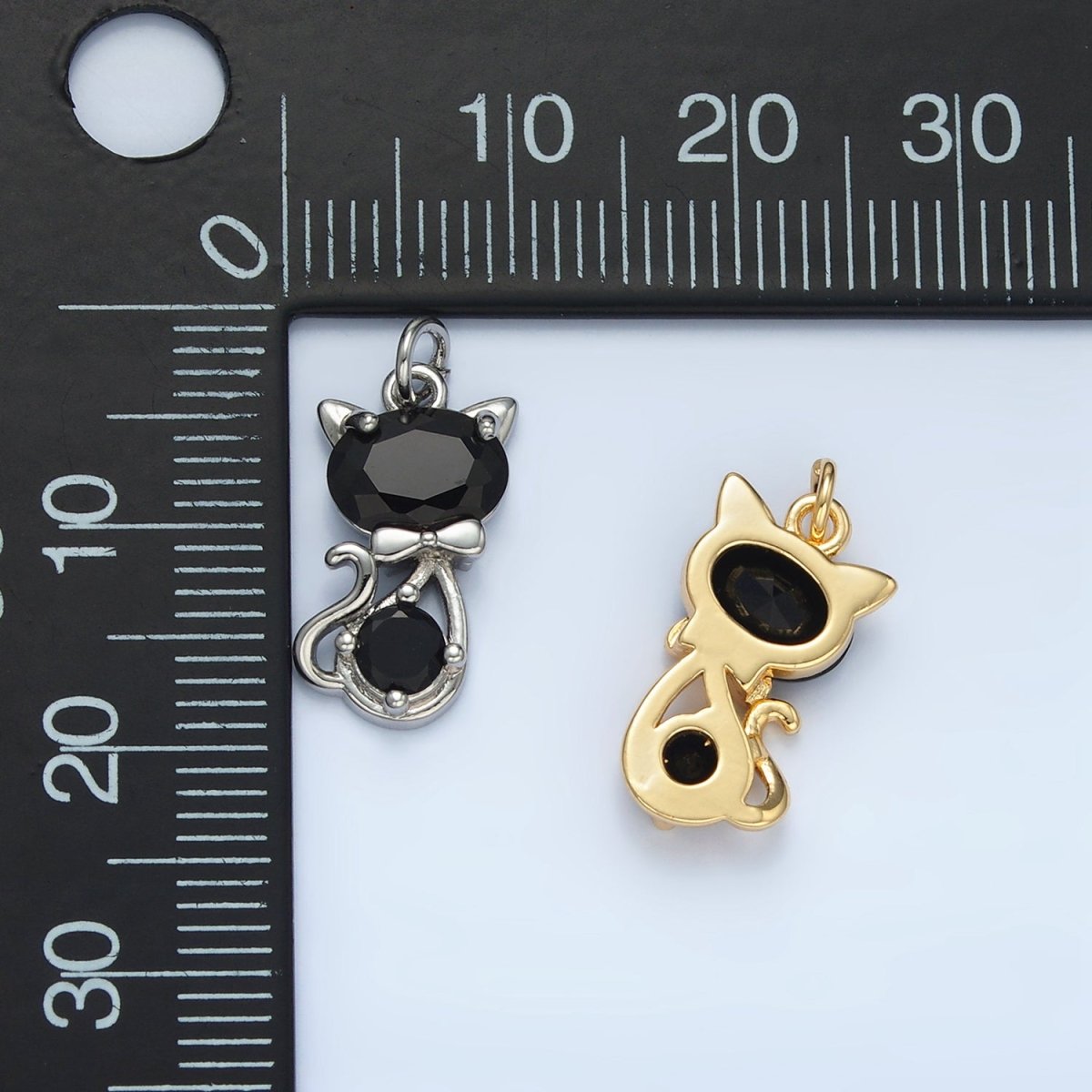 24k Gold Filled Black CZ Bow - Tied Kitty Cat Animal Charm in Gold & Silver | X - 309 - DLUXCA