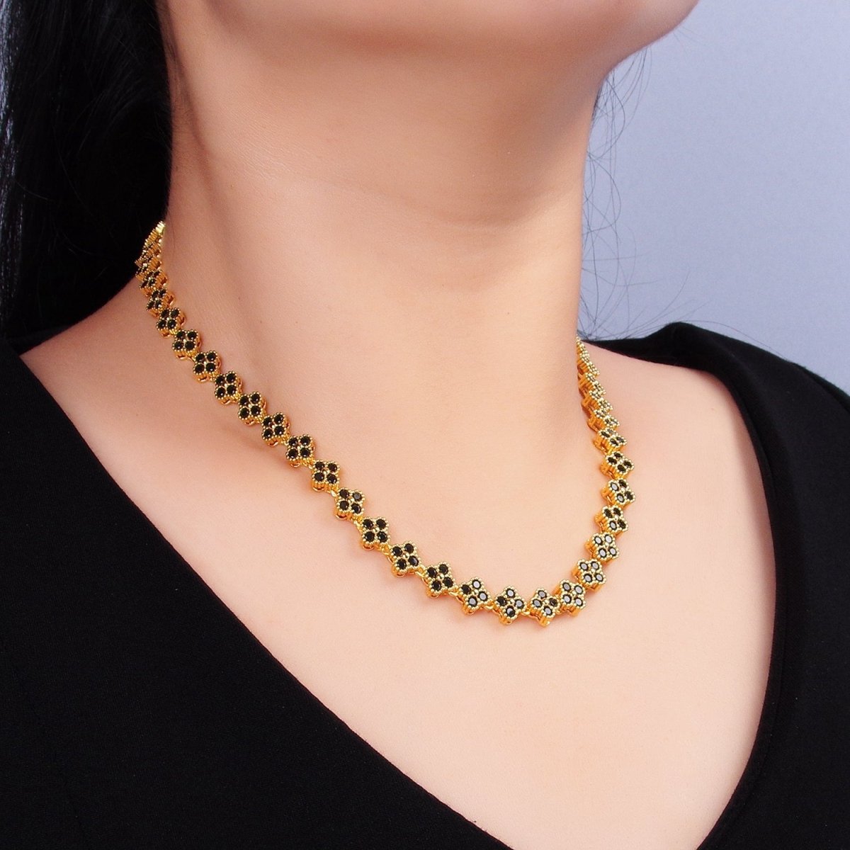 24K Gold Filled Black CZ Quatrefoil Clover Tennis 15 Inch Necklace w. Extender | WA - 2228 - DLUXCA