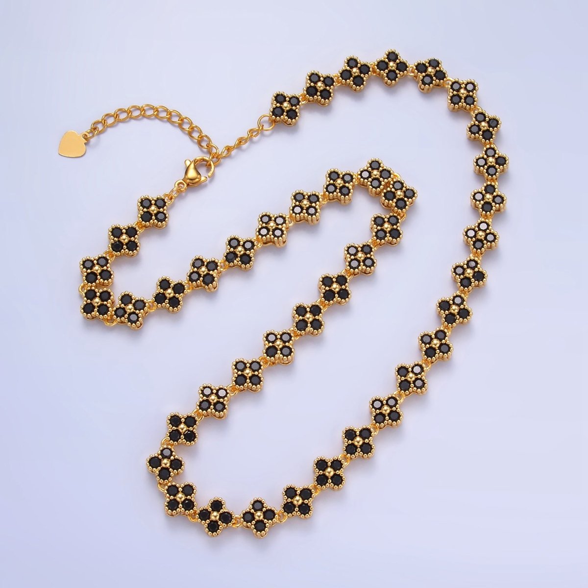 24K Gold Filled Black CZ Quatrefoil Clover Tennis 15 Inch Necklace w. Extender | WA - 2228 - DLUXCA