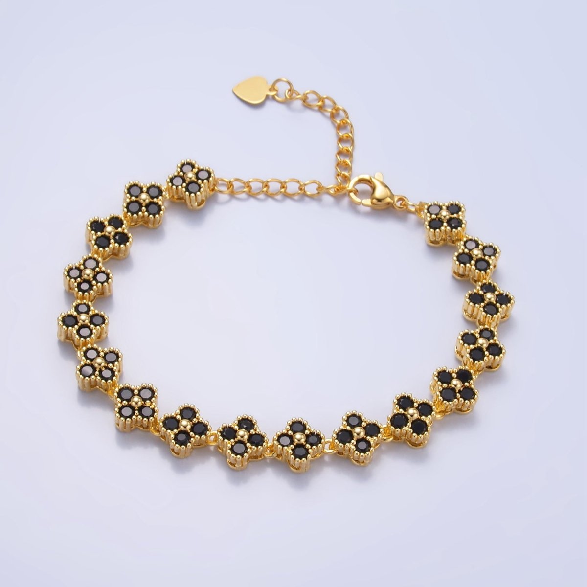 24K Gold Filled Black CZ Quatrefoil Clover Tennis Bracelet | WA - 2061 - DLUXCA