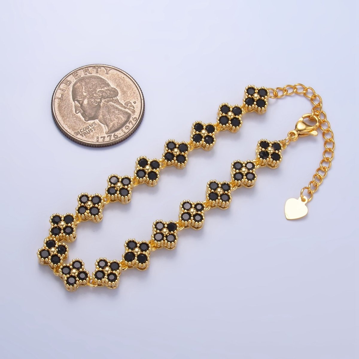 24K Gold Filled Black CZ Quatrefoil Clover Tennis Bracelet | WA - 2061 - DLUXCA