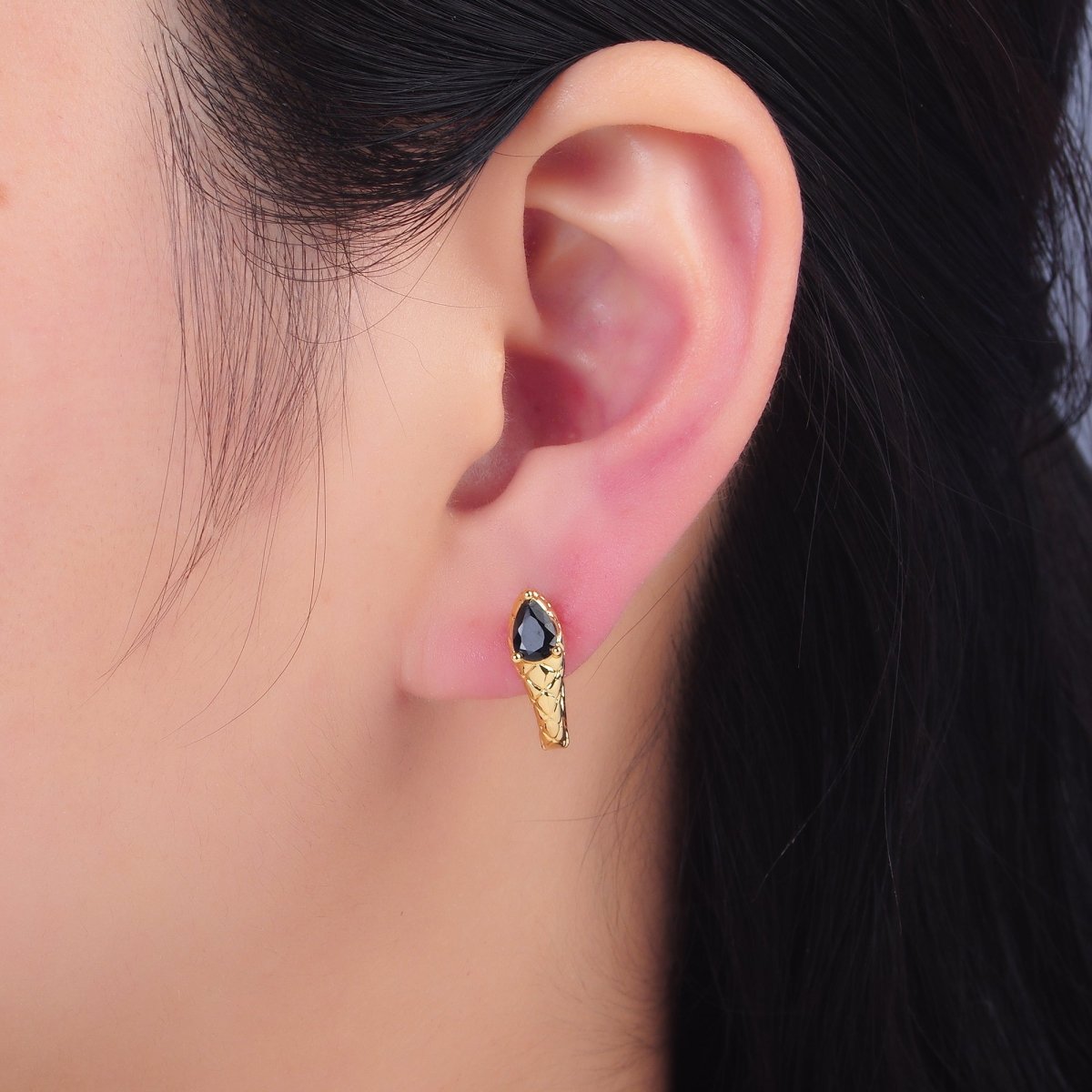 24K Gold Filled Black CZ Teardrop Quilted Scaled Snake Huggie Earrings | AB1461 - DLUXCA