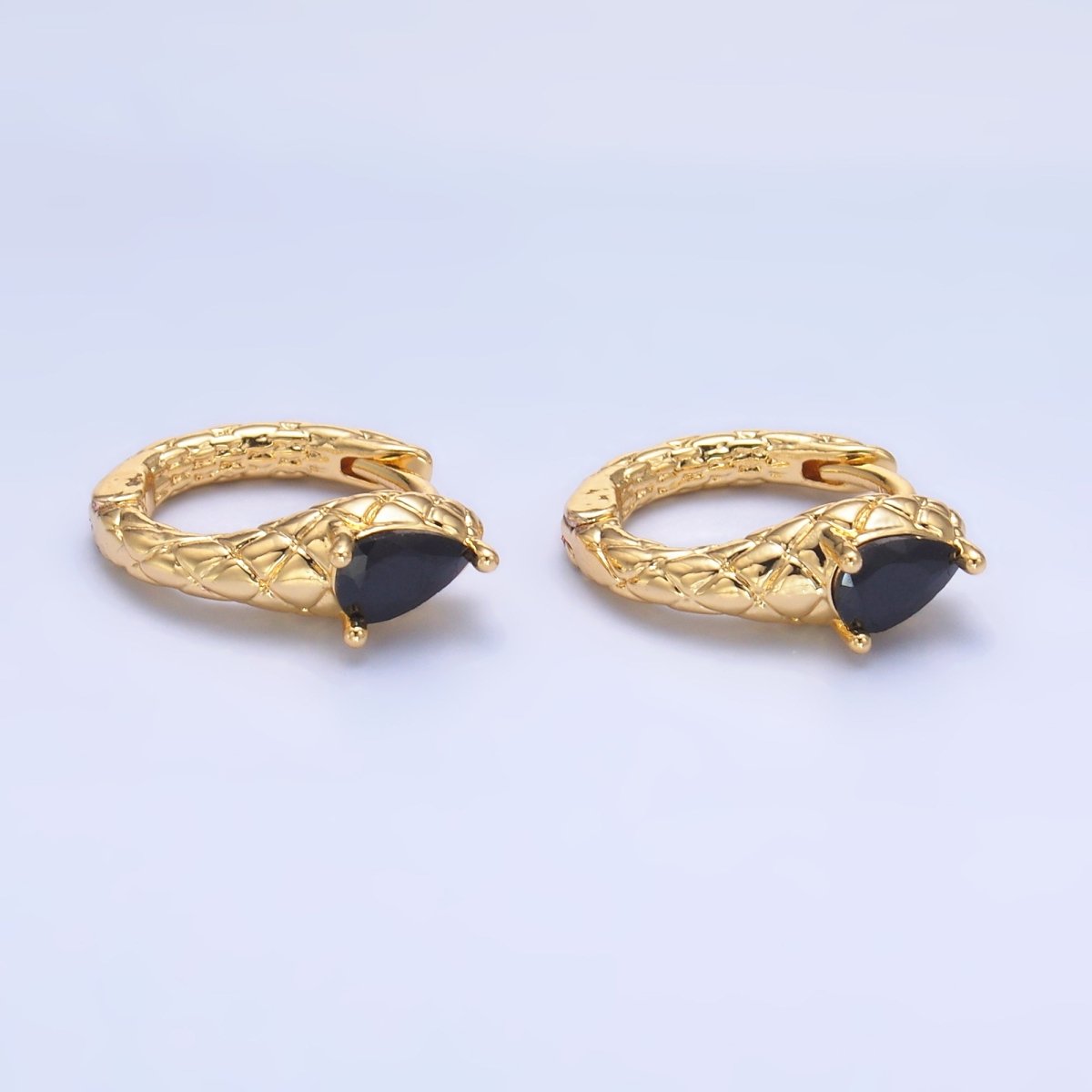 24K Gold Filled Black CZ Teardrop Quilted Scaled Snake Huggie Earrings | AB1461 - DLUXCA