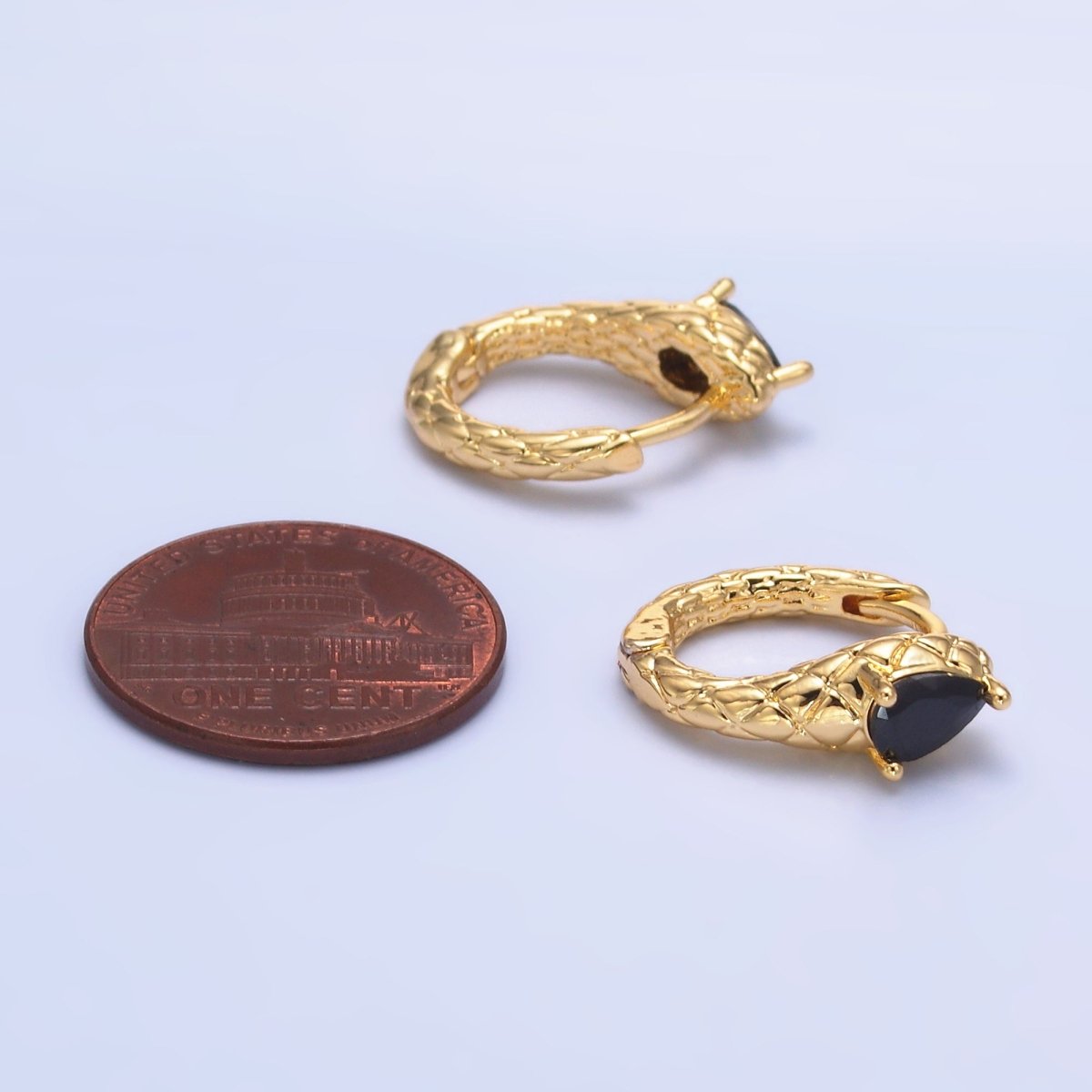 24K Gold Filled Black CZ Teardrop Quilted Scaled Snake Huggie Earrings | AB1461 - DLUXCA