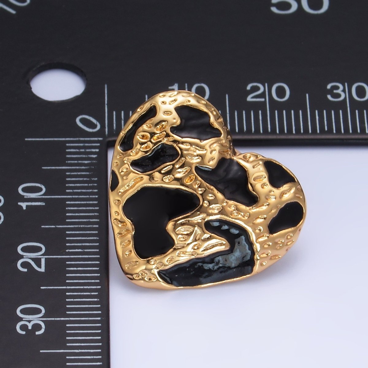 24K Gold Filled Black Enamel Cheetah Textured Heart Stud Earrings in Gold & Silver | AB1496 AB1549 - DLUXCA