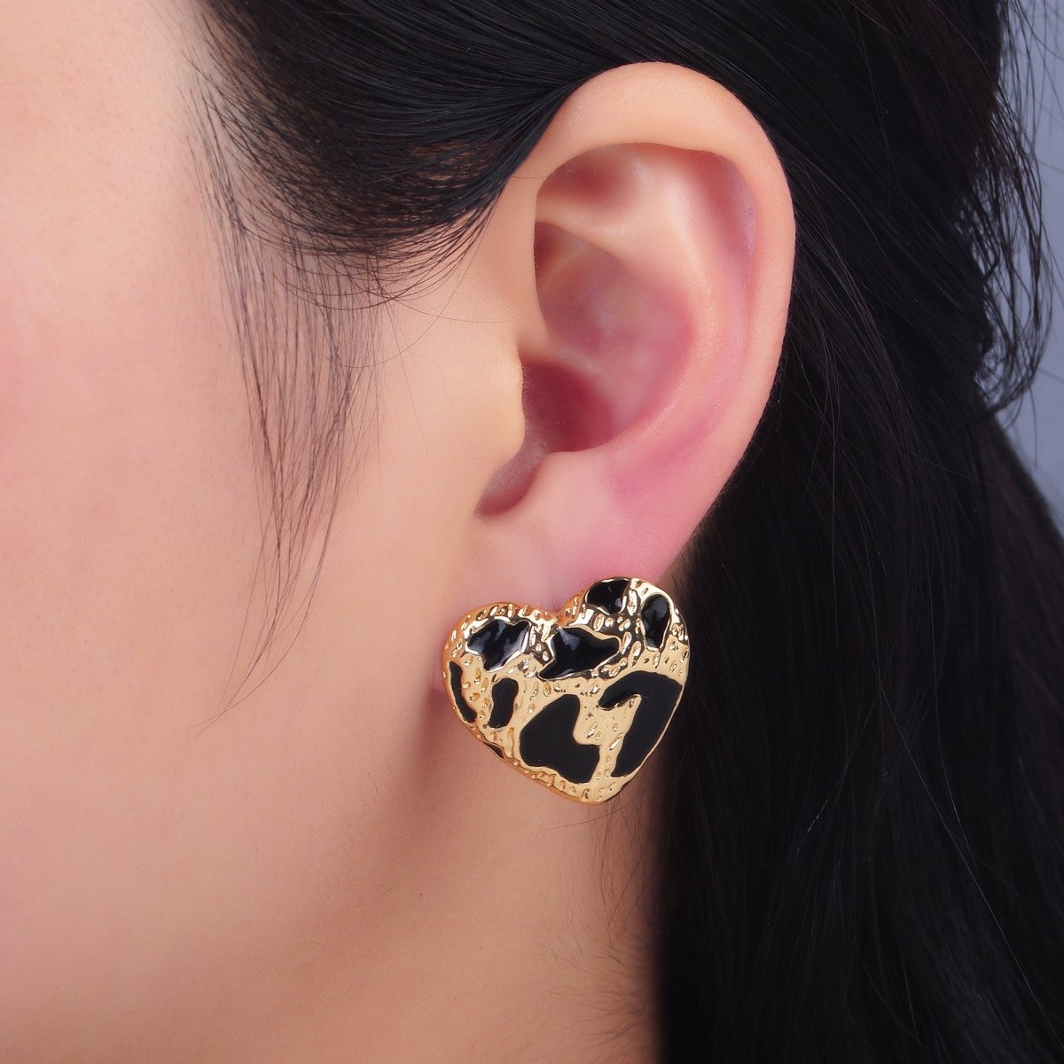 24K Gold Filled Black Enamel Cheetah Textured Heart Stud Earrings in Gold & Silver | AB1496 AB1549 - DLUXCA