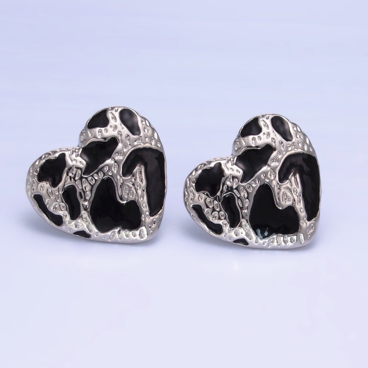 24K Gold Filled Black Enamel Cheetah Textured Heart Stud Earrings in Gold & Silver | AB1496 AB1549 - DLUXCA