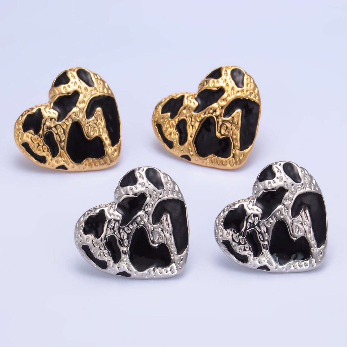 24K Gold Filled Black Enamel Cheetah Textured Heart Stud Earrings in Gold & Silver | AB1496 AB1549 - DLUXCA